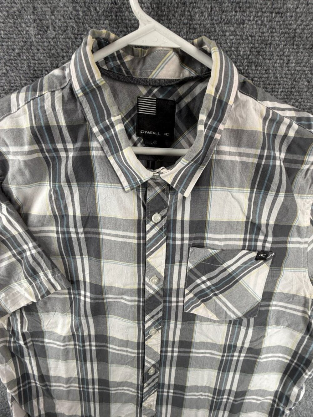 Oneill Gray Plaid Short Sleeve Button Up Shirt Men Large Cotton Polyester Hiking